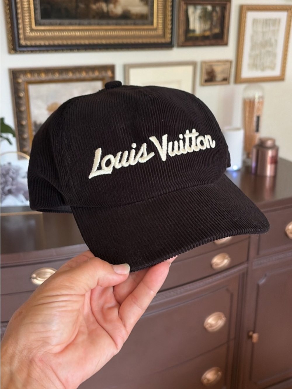 Black Corduroy Snapback Cap Hat with White Embroidered Script Logo
